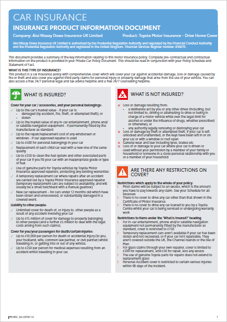 Toyota Motor Insurance Product Information Document